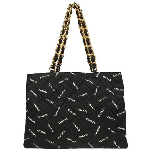 Chanel Black Canvas Logo Print Chain Tote Handbag 195513 - Picture 1 of 10